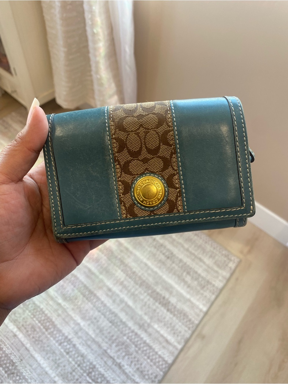 Coach Teal Leather and Brown Signature Stripe Trifold Wallet